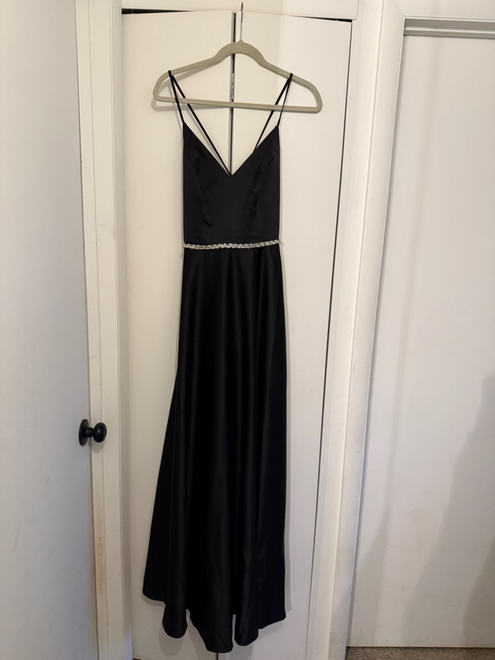 David’s Bridal Black Satin Maxi Dress with Beaded Waist